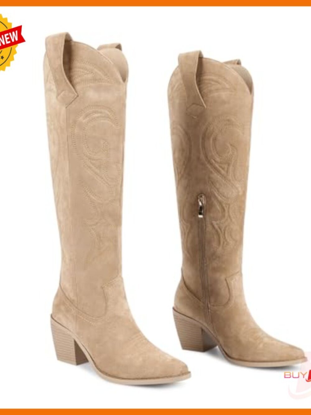 Knee High Cowboy Boots with Side Zipper, 3 Inch Heel, Faux Suede - Picture 5 of 7